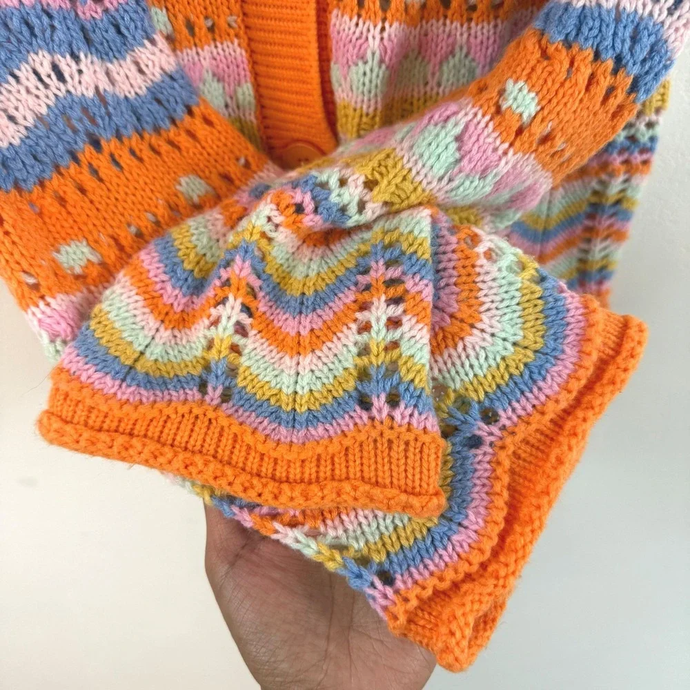 Rainbow Crochet Knit‎ Cardigan Orange Blue Chevron Boho Festival Summer Sz S / M